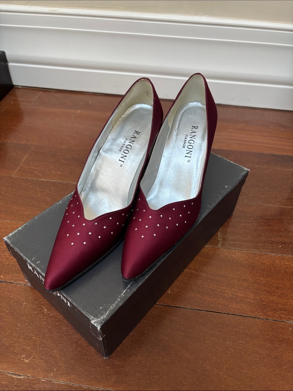 Rangoni Burgundy Satin Evening Pumps with Stud Accents